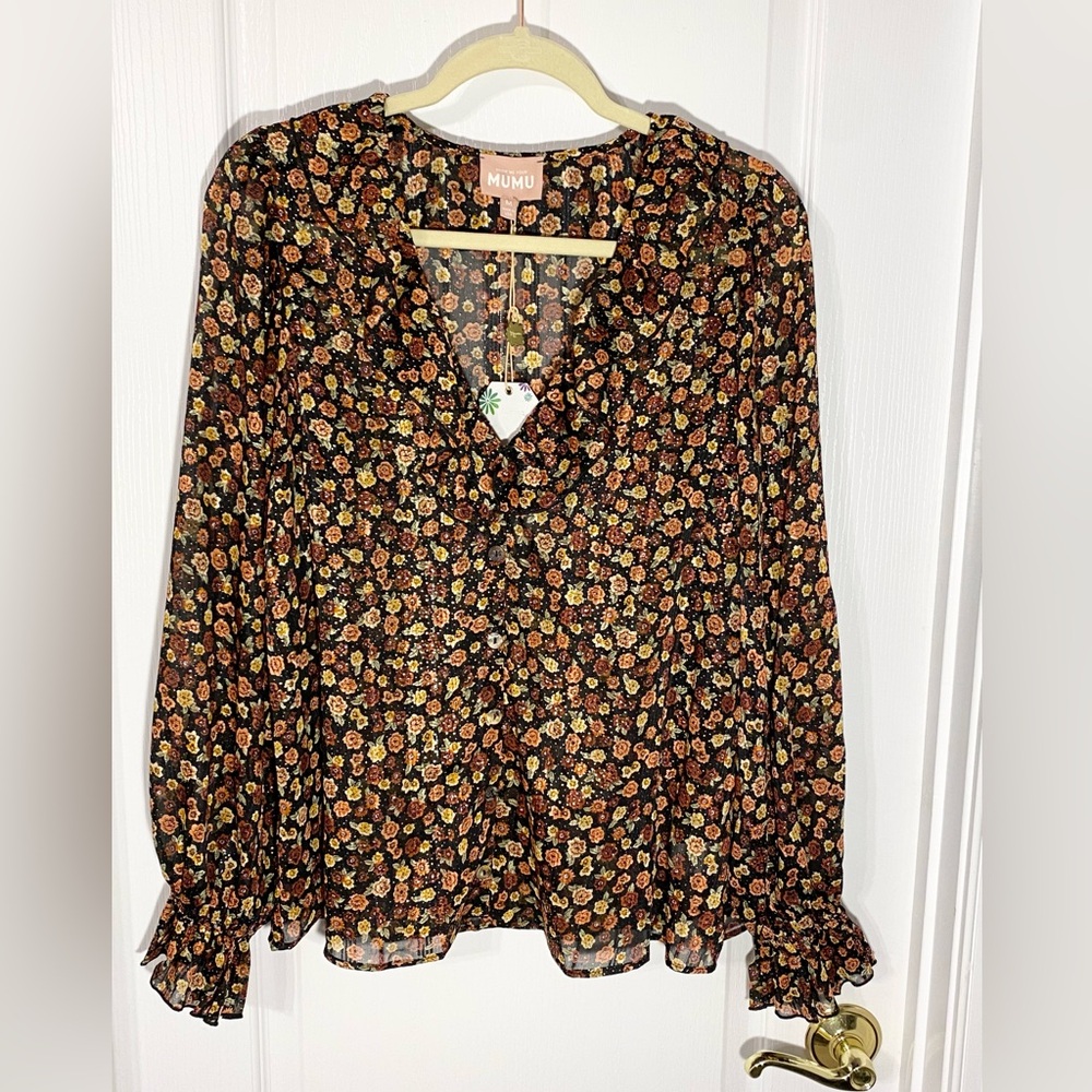 Show Me Your MuMu Ruffle Trim Floral Metallic Gold Dots Button Blouse Medium